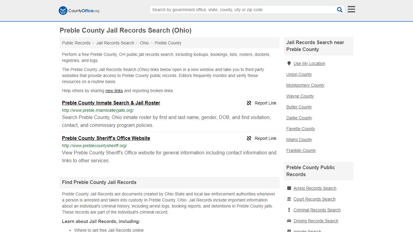 Preble County Jail Records Search (Ohio) - County Office